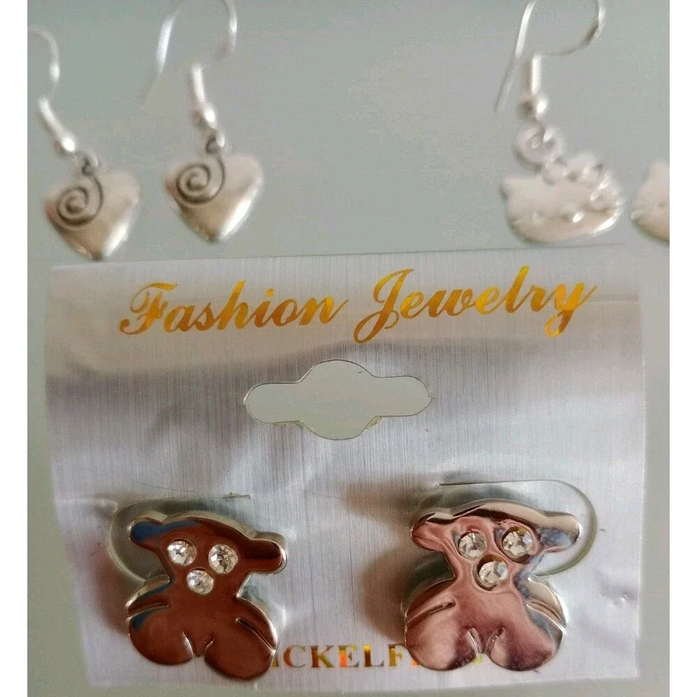Girl's Lot of 3 Silver Earrings Dangle & Stud Bear Heart Kitty Cute NIP